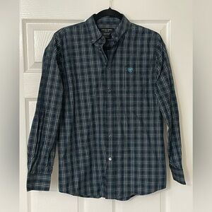 ARIAT PRO SERIES Kodi Button Down Long Sleeve Blue/Black Plaid Shirt - Boys XL